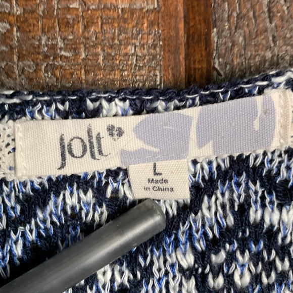 Jolt women’s sweater in blue white tan maroon lace size Large coastal boho - Picture 5 of 13